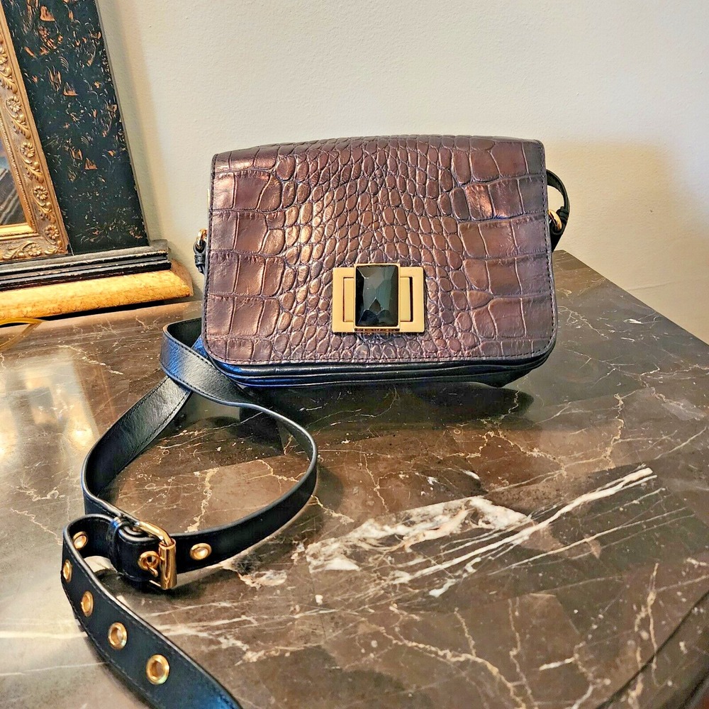 Badgley Mischka Leather Handbag Metallic Brown/Black Croc Embossed Look - Picture 4 of 12